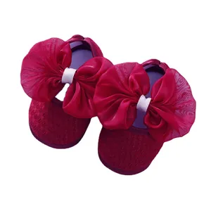 Red baby soft sole princess shoes with large mesh bow for newborn infants 0-1 years