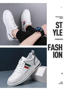 Detailansicht weißer Herren-Sneaker aus Leder mit roten und grünen Streifen
