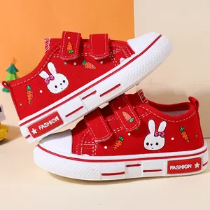 Red toddler canvas shoes with cute bunny and carrot patterns for girls and boys