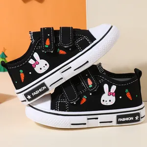 Toddler black canvas shoes with cute bunny and carrot print and double velcro straps