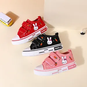 Adorable kids canvas sneakers with cute bunny and carrot patterns in multiple colors