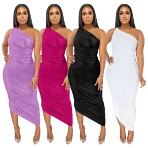 Elegant one-shoulder ruched bodycon midi dress shown in purple, magenta, black and white