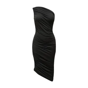 Detailed shot of an elegant black one-shoulder ruched bodycon midi party dress