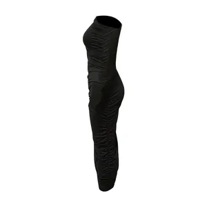Detailed side view of a black ruched bodycon maxi dress with an elegant one-shoulder design