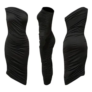 Detailed view showing front, side and back of a black one-shoulder ruched bodycon dress