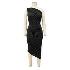 Detail view of a black one-shoulder ruched bodycon midi dress on a mannequin