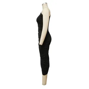 Detailed side view of a black one-shoulder ruched bodycon maxi dress with slimming fit.