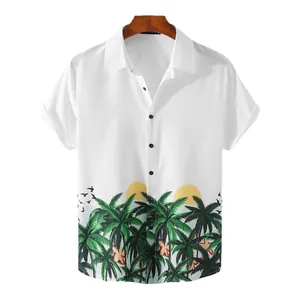 Men's casual white tropical print short sleeve Hawaiian beach shirt with palm trees