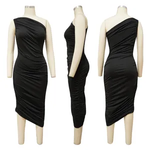 Detailed view of black one-shoulder ruched bodycon dress from front side and back.