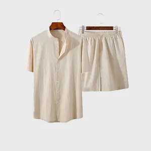 Summer Men Fashion Cotton Shirt And Shorts Top And Bottom Solid Color Lapel Short Sleeve Casual Beach Outfits