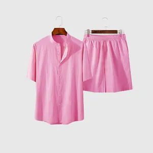 Bright pink men's summer 2-piece set with short sleeve stand collar shirt and shorts