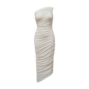 Detailed view of white one-shoulder ruched bodycon midi dress with slim fit design