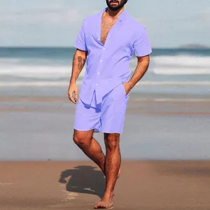 Casual men's lavender two-piece linen summer set featuring short sleeve shirt and shorts