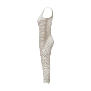 Detailed side view of an elegant ruched one-shoulder bodycon dress in creamy off-white.