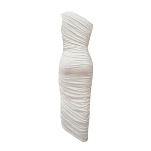 Detailed back view of a white one-shoulder ruched bodycon dress with elegant pleats