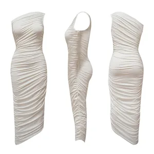 Detail view showing the front, side, and back of a white one-shoulder ruched bodycon dress.
