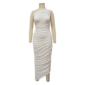 Elegant white one-shoulder ruched bodycon maxi dress with pleated details on mannequin