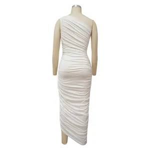 Back view of white one-shoulder ruched bodycon maxi dress displayed on a mannequin