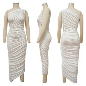 Elegant white one-shoulder ruched bodycon maxi dress shown from multiple angles.
