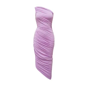 Elegant lavender purple one-shoulder ruched bodycon dress with asymmetric hem detail
