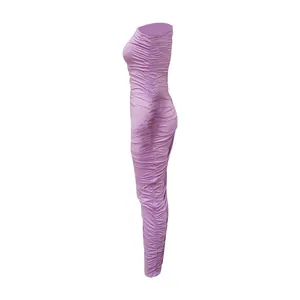 Side view of a sexy light purple ruched one-shoulder slim fit bodycon maxi dress