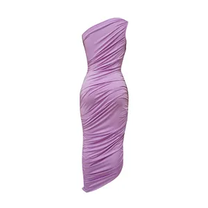 Detailed view of an elegant purple ruched one-shoulder bodycon dress with slim fit