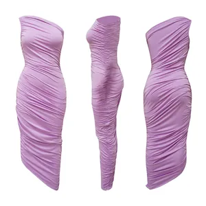 Comprehensive three-view detail of a light purple one-shoulder ruched bodycon midi dress