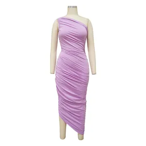 Macro view of ruched fabric on one-shoulder bodycon midi dress in lavender purple
