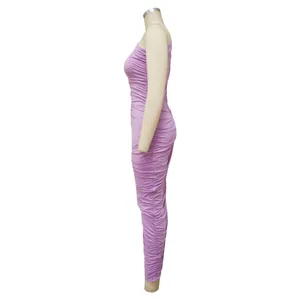 Side view detail of a sexy lilac ruched one-shoulder bodycon maxi dress for women.