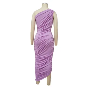 Back view of a lavender one-shoulder ruched bodycon maxi dress on a mannequin