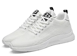 Detailed side view of white breathable flyknit mesh running shoes for men with thick sole