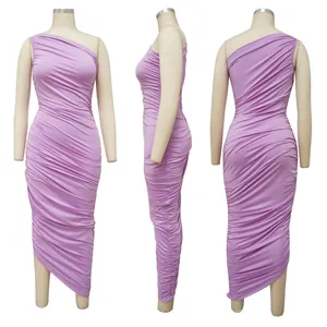 Lavender one-shoulder ruched bodycon dress shown from front, side, and back views.