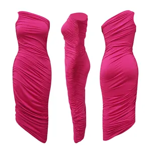Detailed three-way view of a hot pink one-shoulder ruched bodycon dress for women.