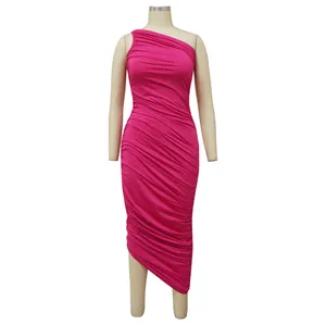 Detailed view of magenta ruched one-shoulder bodycon midi dress with asymmetrical hem.