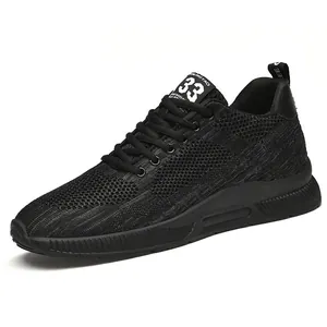 Professional breathable black mesh men's running shoes with 6cm invisible height increase sole