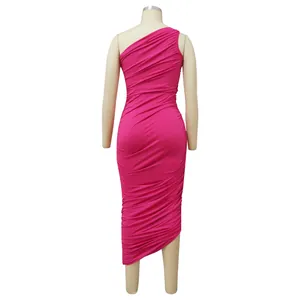 Detailed back view of a hot pink one-shoulder ruched bodycon slim fit maxi dress