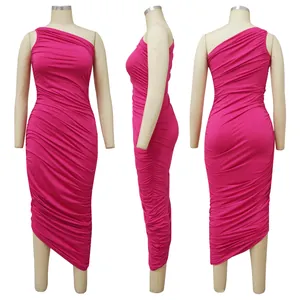 Detailed view of magenta one-shoulder ruched bodycon dress from various angles