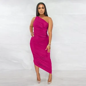 Elegant magenta one-shoulder ruched bodycon midi dress perfect for parties and formal events