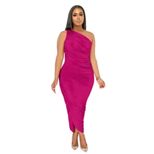 Full-length front view of a vibrant fuchsia one-shoulder ruched bodycon dress on model
