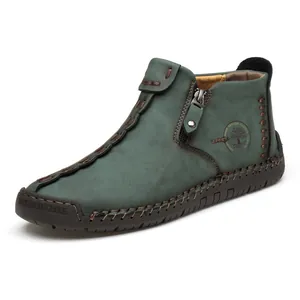 Men's green high-top casual leather shoes with breathable handmade stitching detail