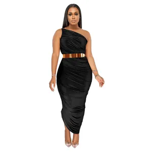 Close-up of black one-shoulder ruched bodycon dress featuring a gold metallic waist belt