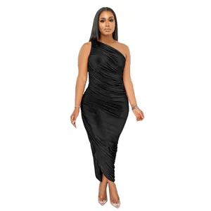 Close-up of elegant one-shoulder black ruched slim-fit midi dress for women