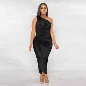 Elegant one-shoulder ruched bodycon maxi dress in black with a slim fit and texture.