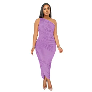 Detailed view of an elegant purple one-shoulder ruched bodycon midi party dress.