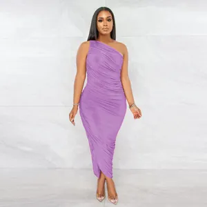Detailed view of elegant purple one-shoulder ruched bodycon maxi dress for women