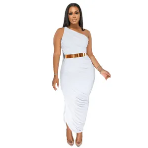 Elegant white one-shoulder ruched bodycon maxi dress with a stylish gold metallic belt.