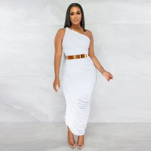 Elegant white one-shoulder ruched maxi dress featuring a gold metallic waist belt detail.