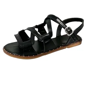 Elegant black gladiator flat sandals for women, perfect for summer beach and casual wear