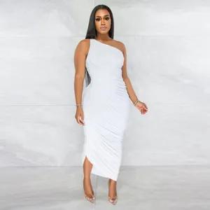 Full shot detail of white one-shoulder ruched bodycon midi dress shown on female model.