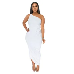 Elegant white one-shoulder ruched bodycon midi dress shown on a model in a full body view